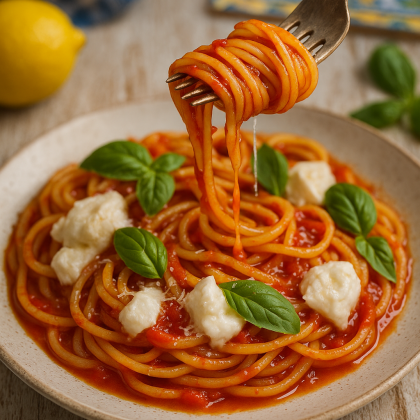Spagetti a Szigetről – paradicsom, buffala mozzarella, bazsalikom, napsütés