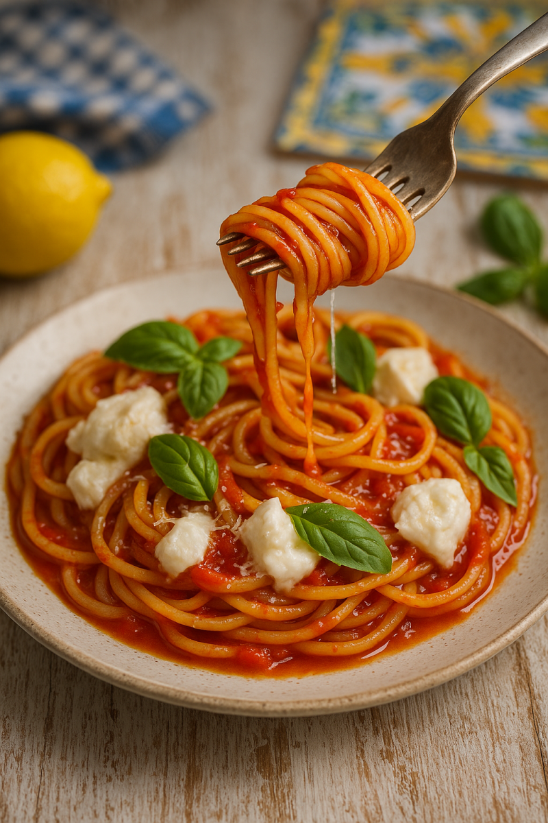 Spagetti a Szigetről – paradicsom, buffala mozzarella, bazsalikom, napsütés