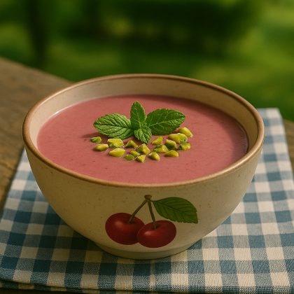 🍒 Meggyleves pisztáciával – mentes, hűsítő nyári örömkanalak!